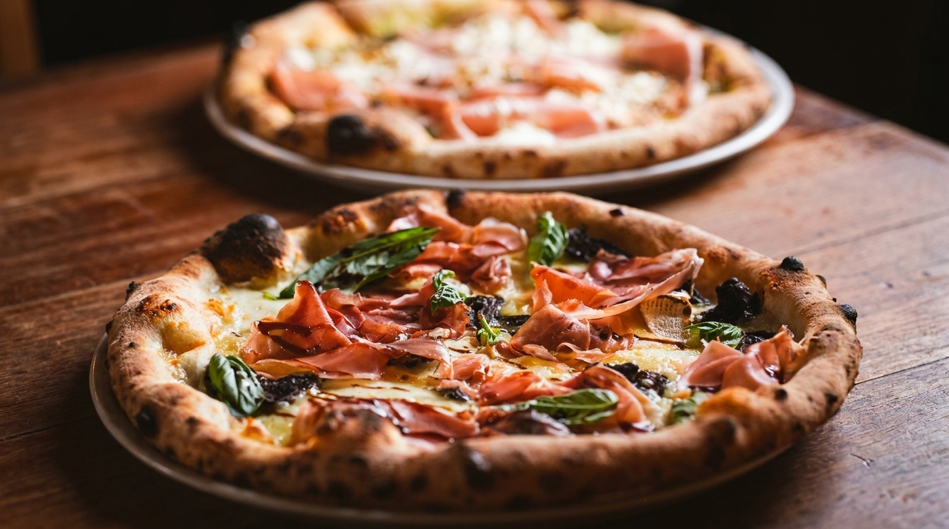 Two delicious pizzas with prosciutto, basil, and cheese on a rustic wooden table.