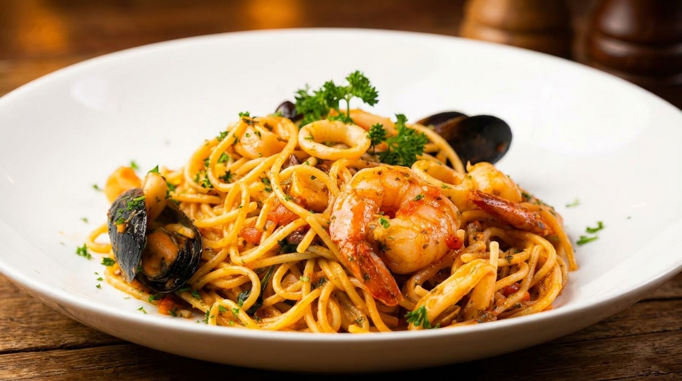 A white bowl of seafood spaghetti with shrimp, mussels, calamari, and parsley on a wooden table.