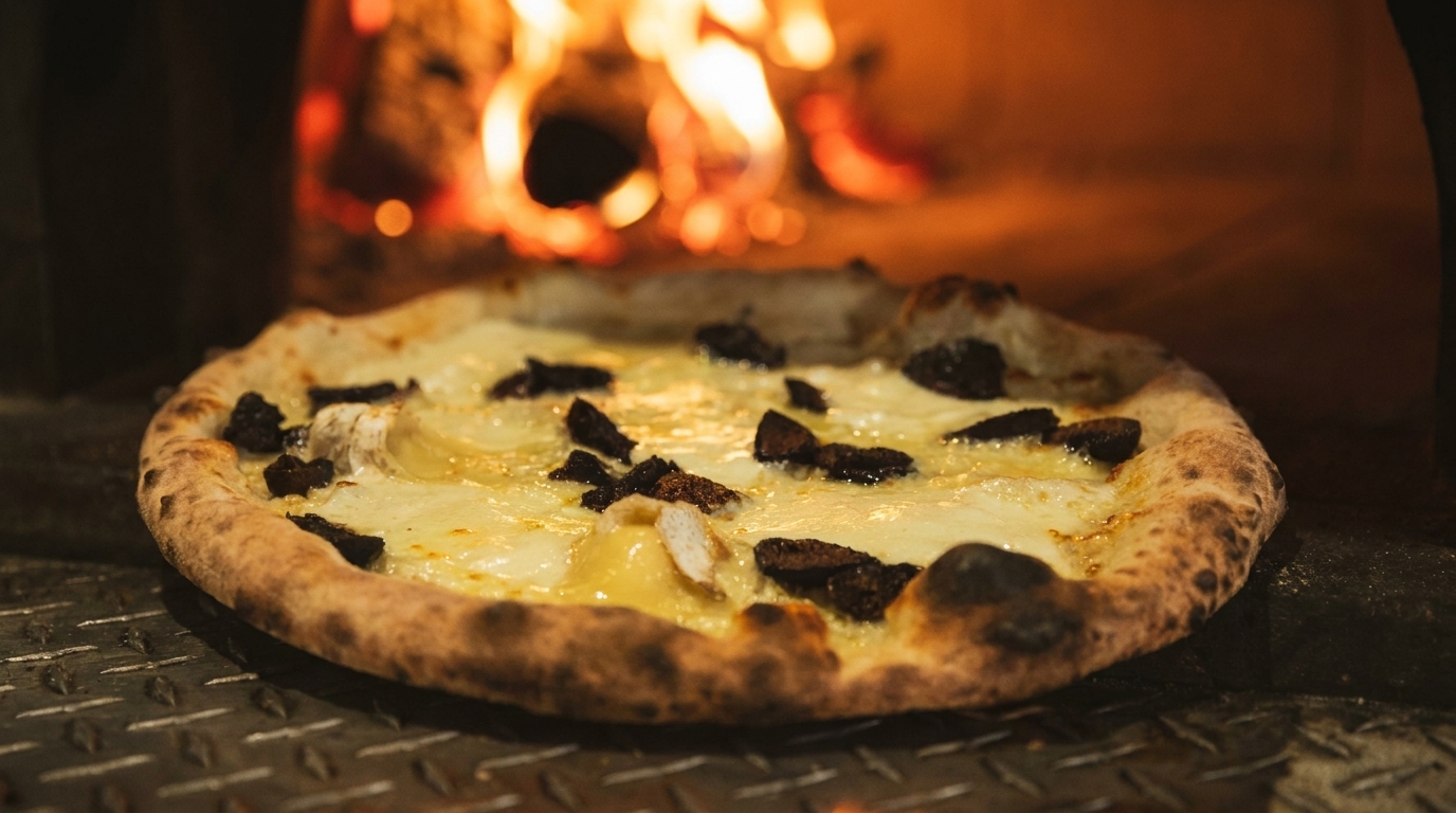 A freshly baked pizza with white cheese and dark toppings sits in a wood-fired oven.