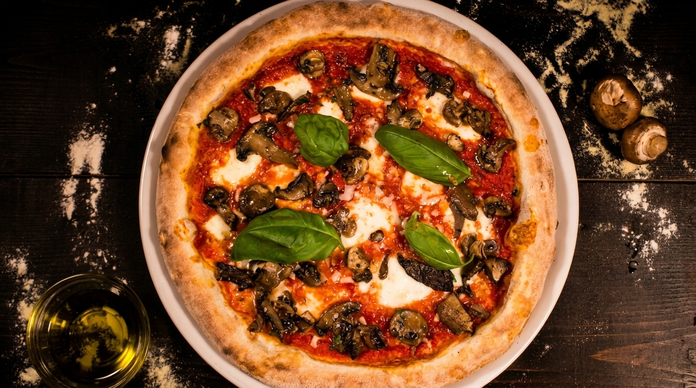 Top-down view of a mushroom and mozzarella pizza with basil leaves on a dark wooden table.