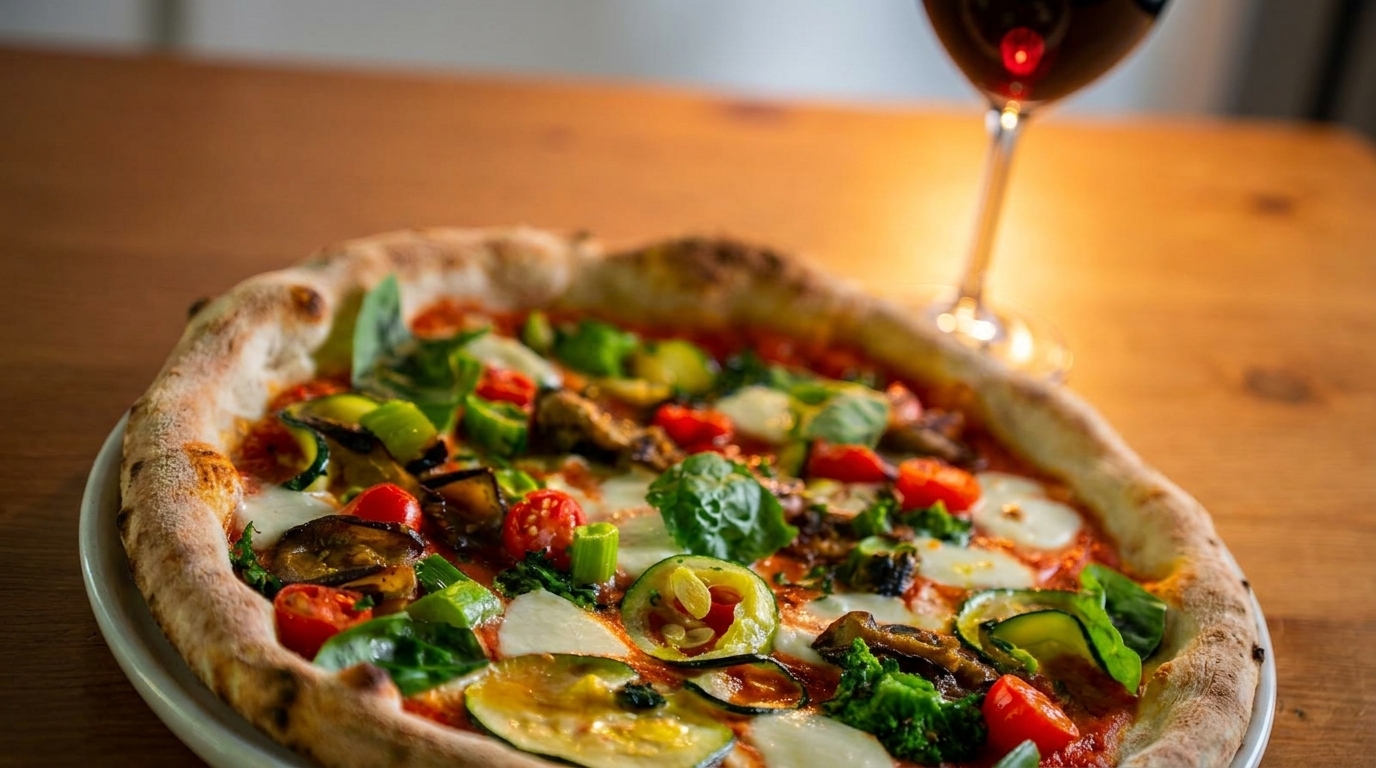 Vegetable pizza with mozzarella, tomatoes, zucchini, and basil, next to a glass of red wine.