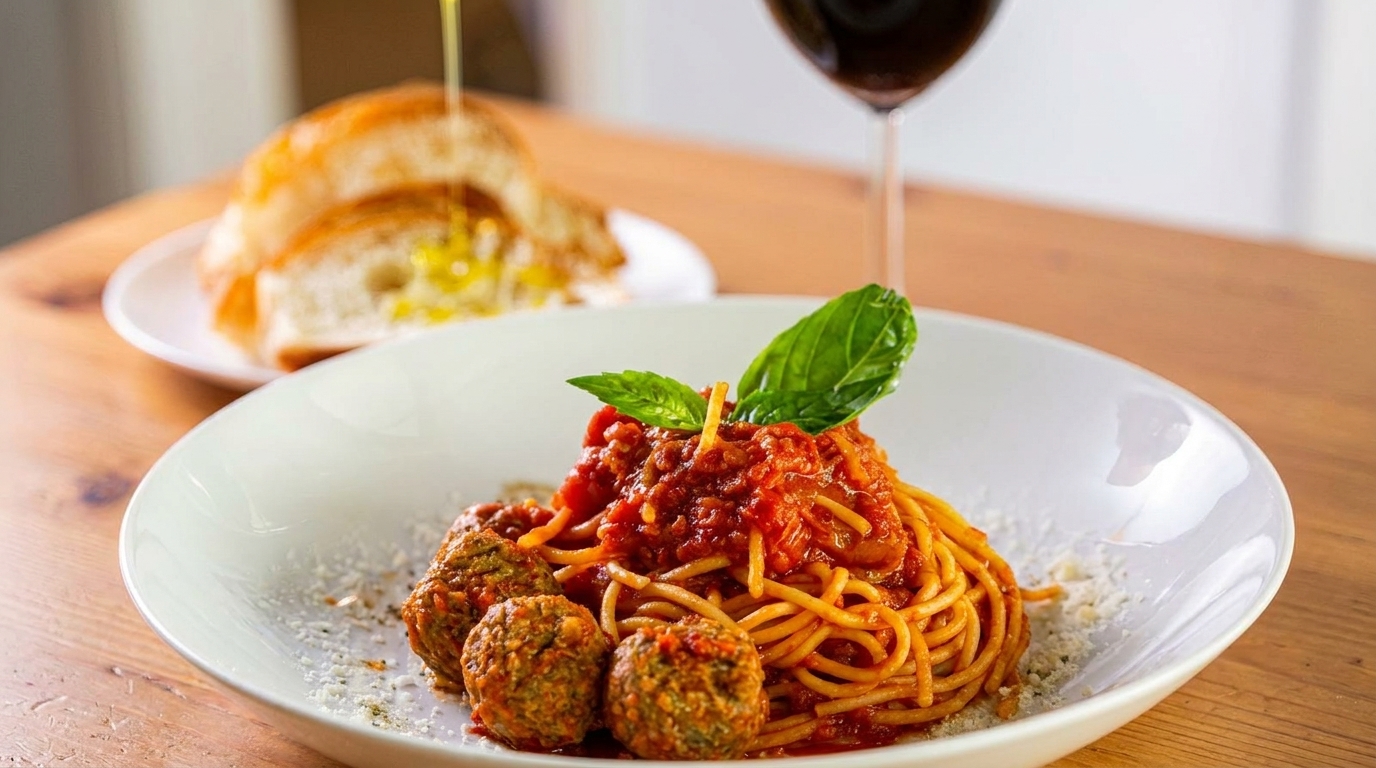 Spaghetti with meatballs and tomato sauce, garnished with basil, served with bread and red wine.