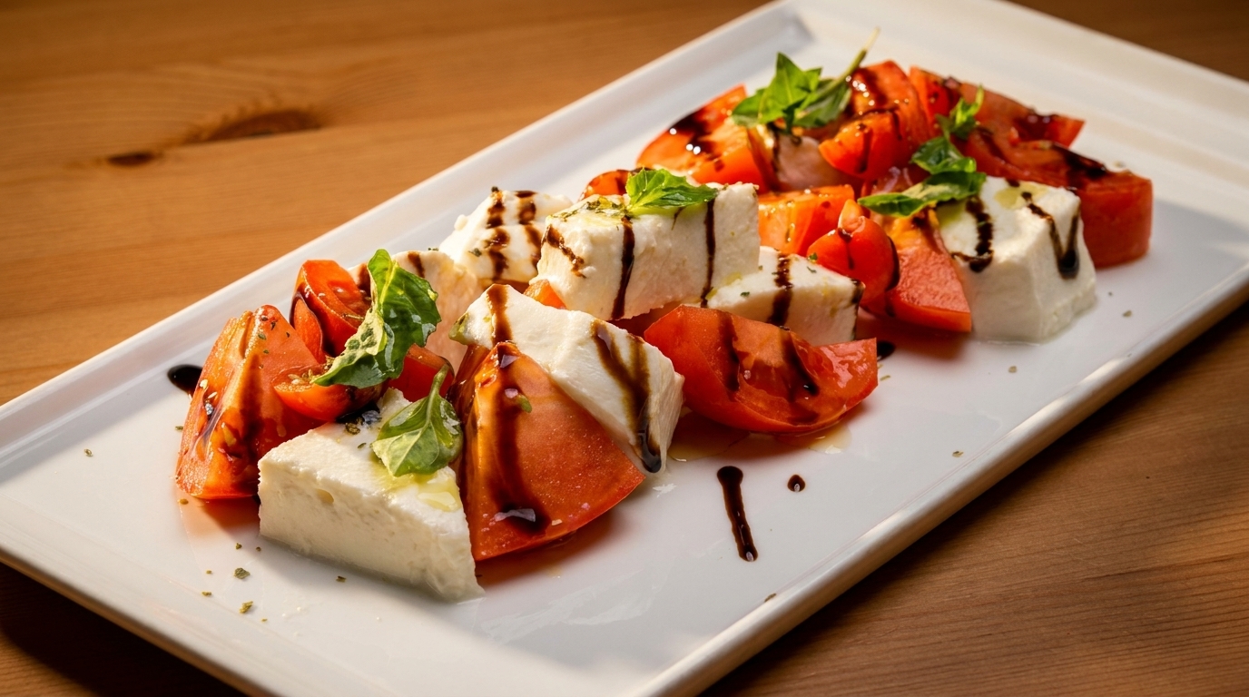 Caprese salad with fresh mozzarella, ripe tomatoes, basil, and balsamic glaze on a white plate.