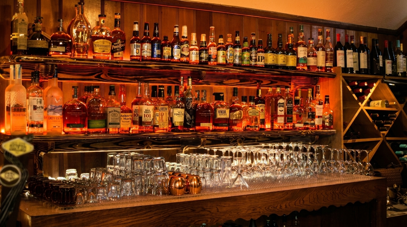 A well-stocked bar with various liquor bottles, wine racks, and rows of clean glasses.