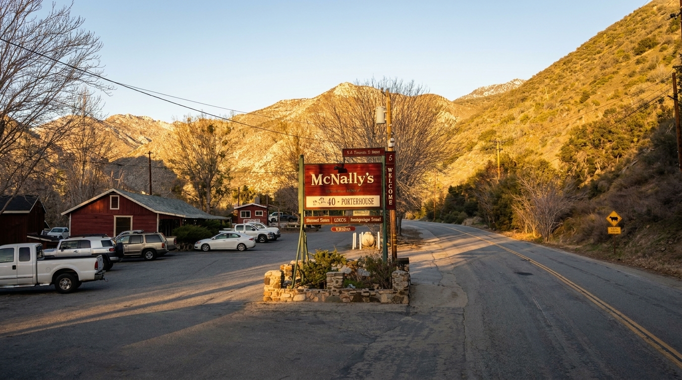 McNally's restaurant sign and parking lot with cars, nestled against sunlit mountains and a winding road.