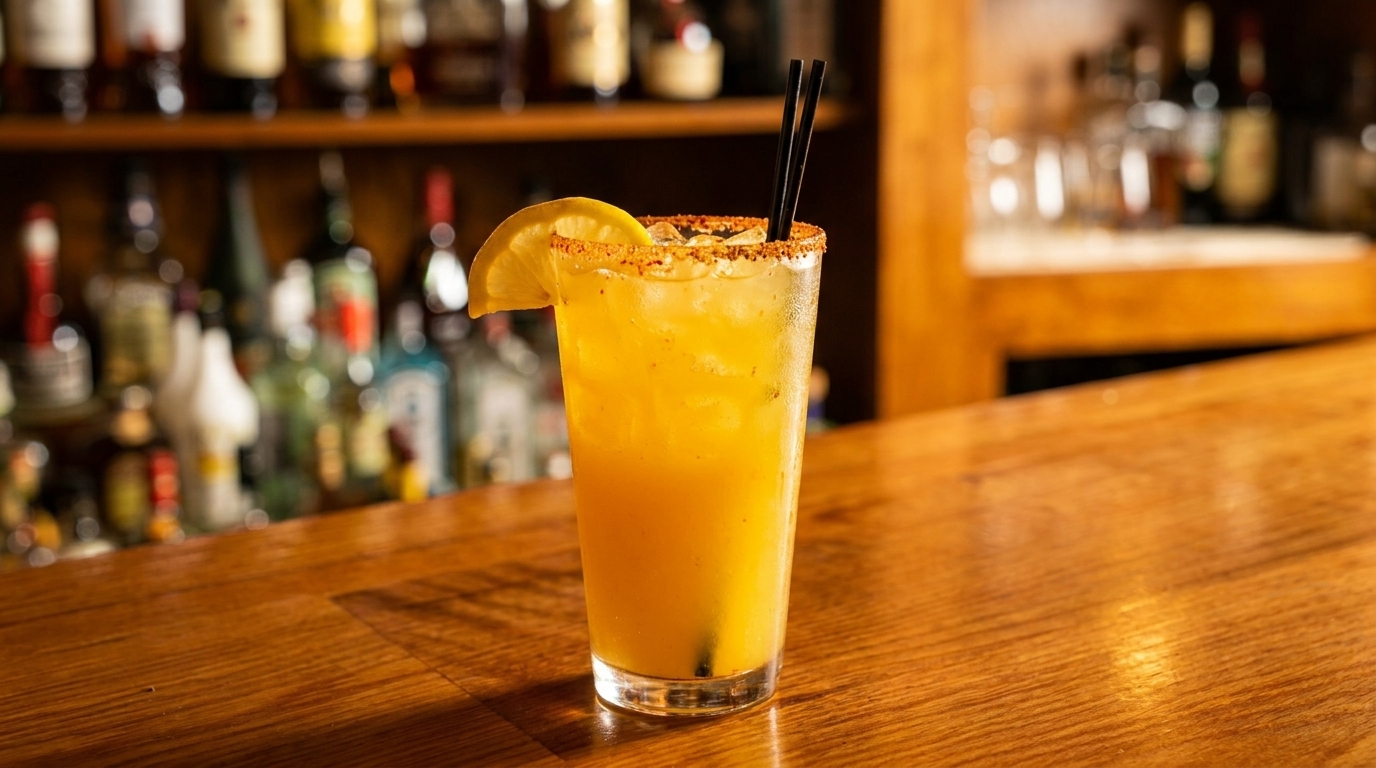 A tall glass of orange cocktail with a lemon slice and two black straws on a wooden bar.