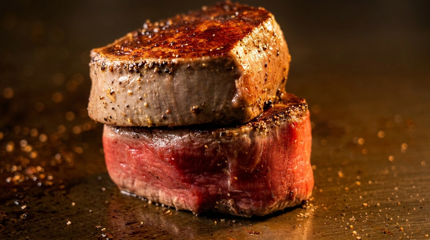 Two perfectly seared, peppered steaks, one stacked atop the other, on a dark surface.