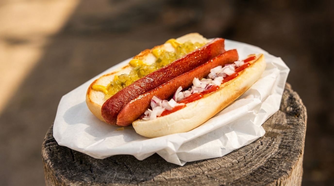 Two hot dogs in buns with mustard, relish, ketchup, and chopped onions on a white paper.