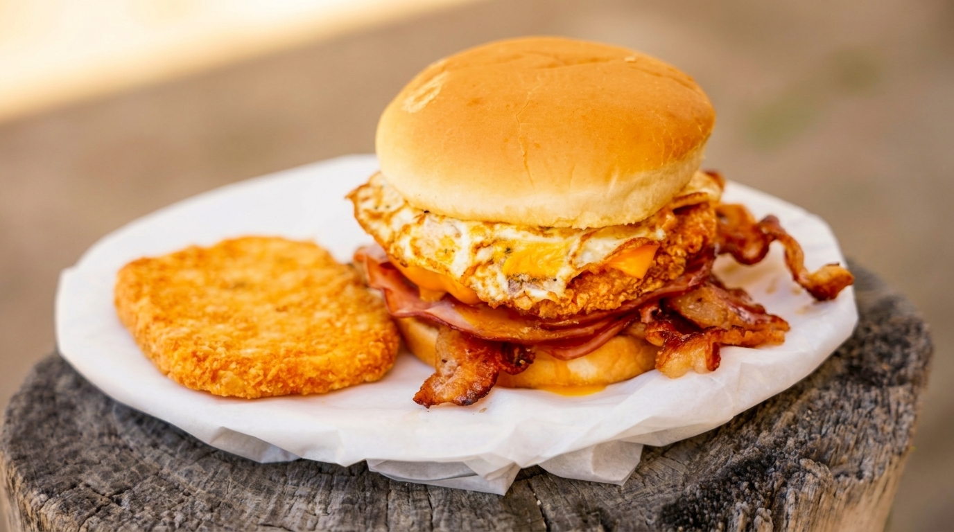 A breakfast sandwich with egg, bacon, and ham, served with a hash brown on a wooden surface.
