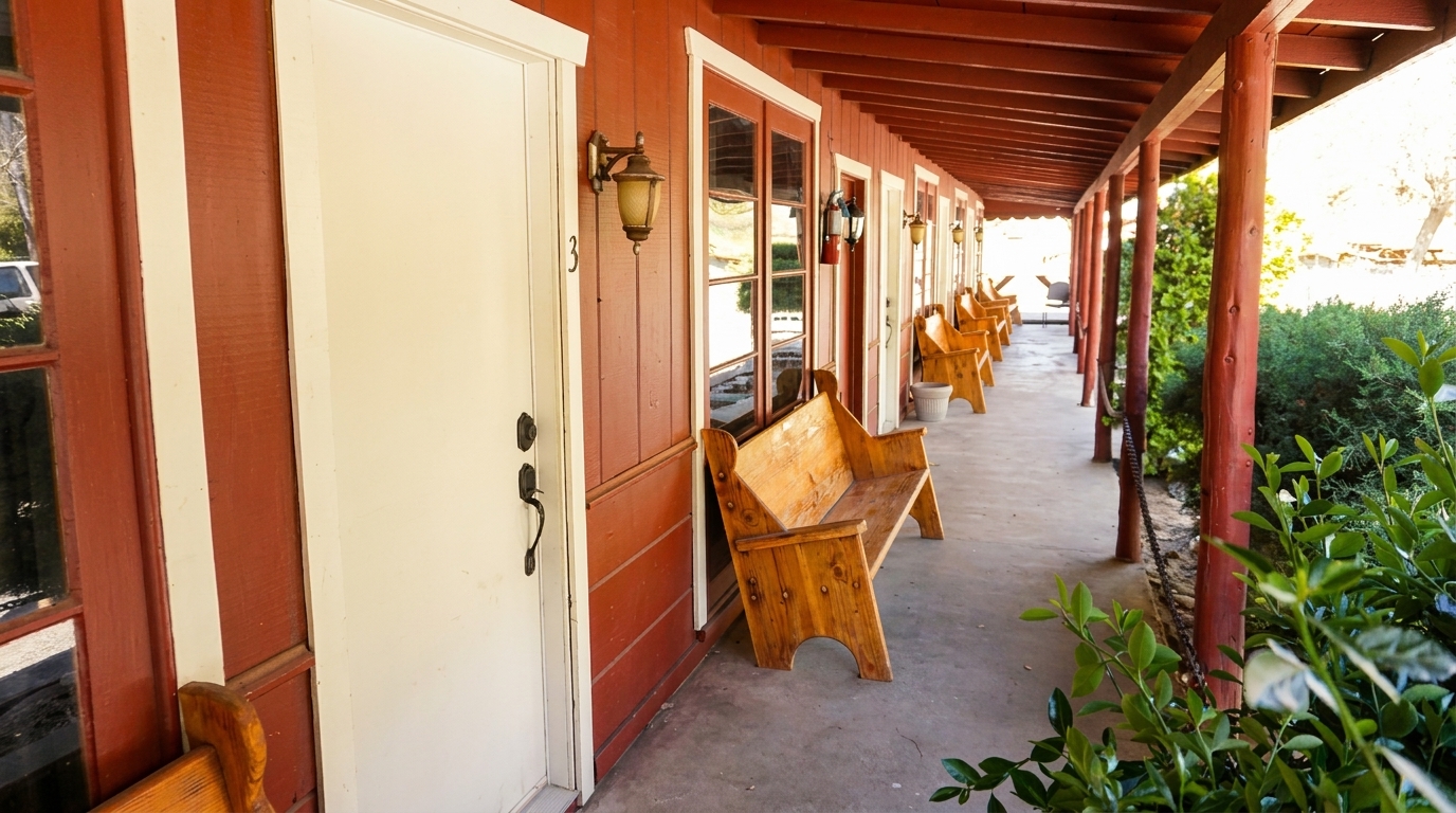 A long, covered outdoor walkway with red wooden walls, white doors, and wooden benches.