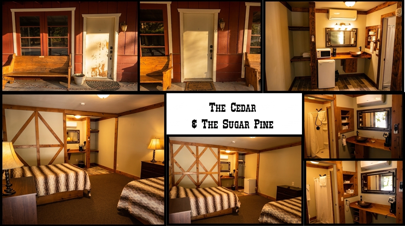 Collage of exterior and interior views of The Cedar and The Sugar Pine rooms.
