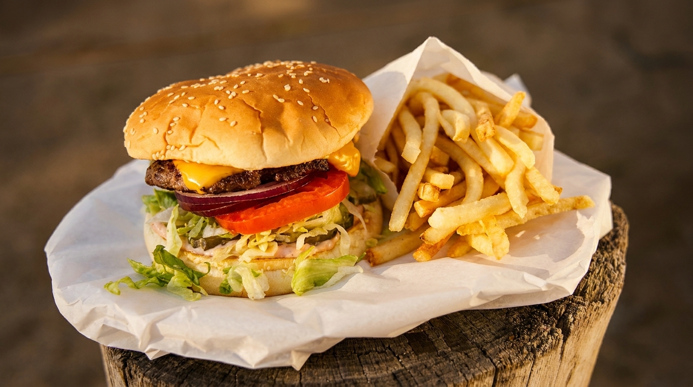 Cheeseburger with lettuce, tomato, onion, and a side of golden french fries on white paper.