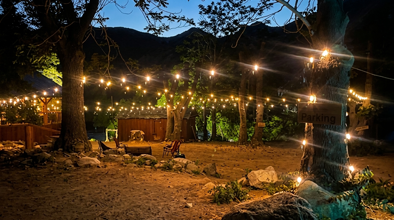 Outdoor dining area at dusk, illuminated by string lights, with trees and mountains in the background.