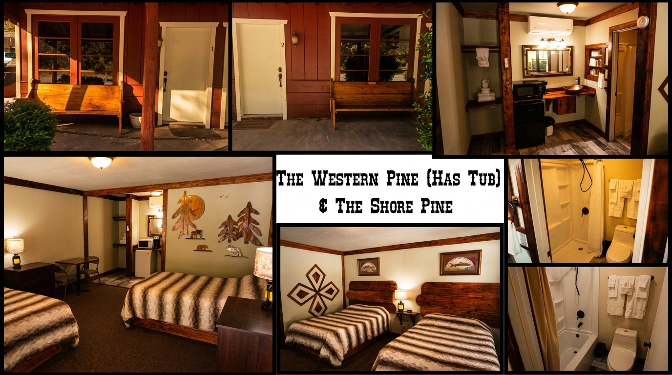 Collage of hotel rooms and bathrooms, featuring rustic decor, wooden furniture, and modern amenities.