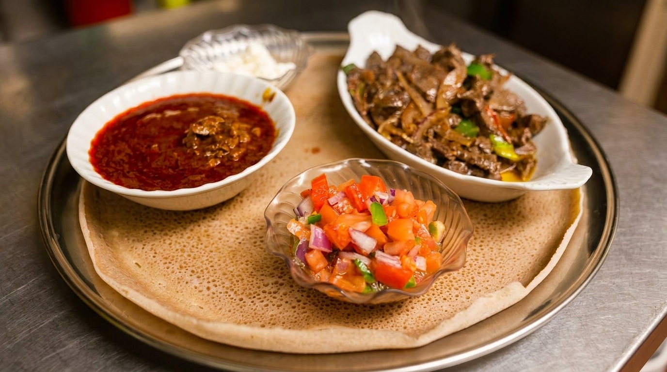 Ethiopian injera bread with three bowls of food: red stew, meat and vegetables, and diced tomatoes.