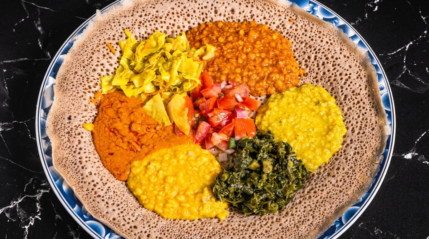Colorful Ethiopian vegetarian platter with injera, lentils, cabbage, and greens on a blue and white plate.
