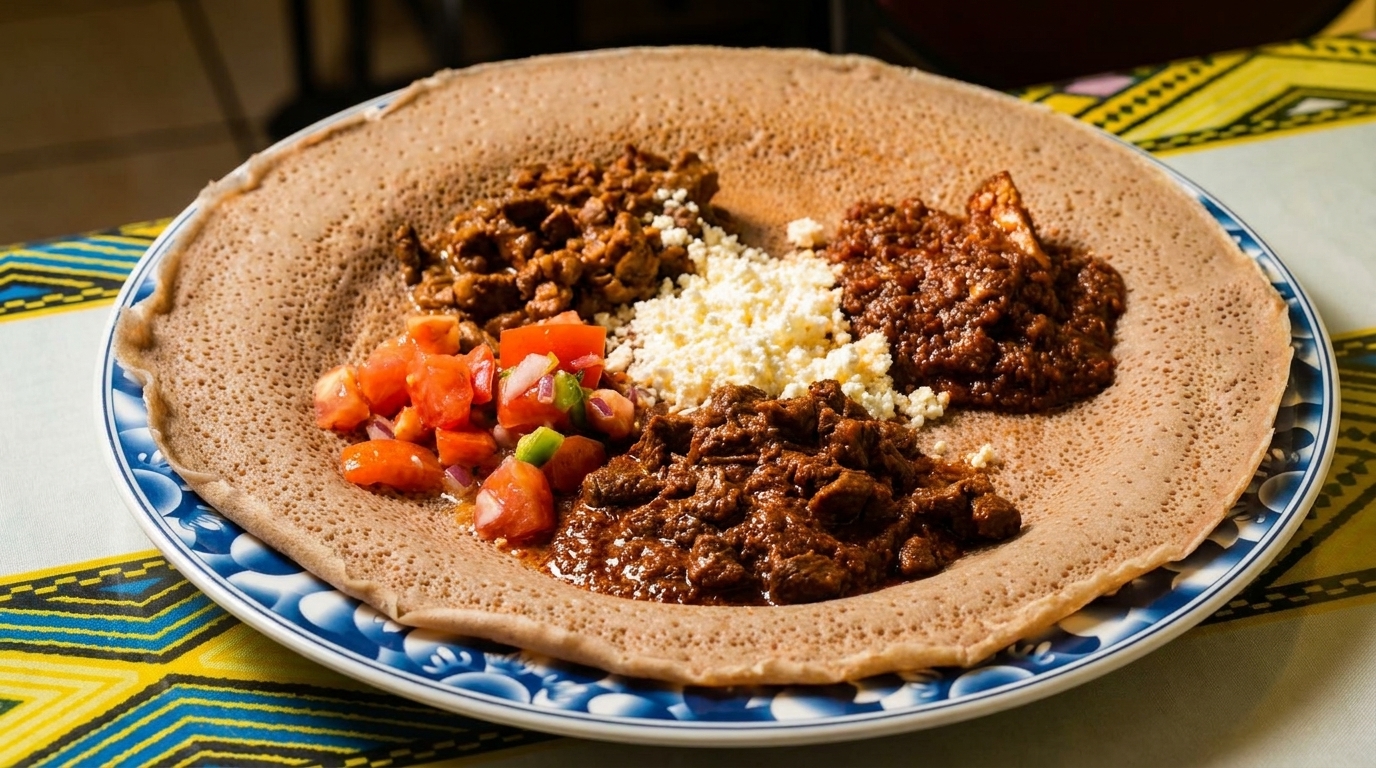 Ethiopian injera bread topped with various stews, crumbled cheese, and fresh tomato salad.