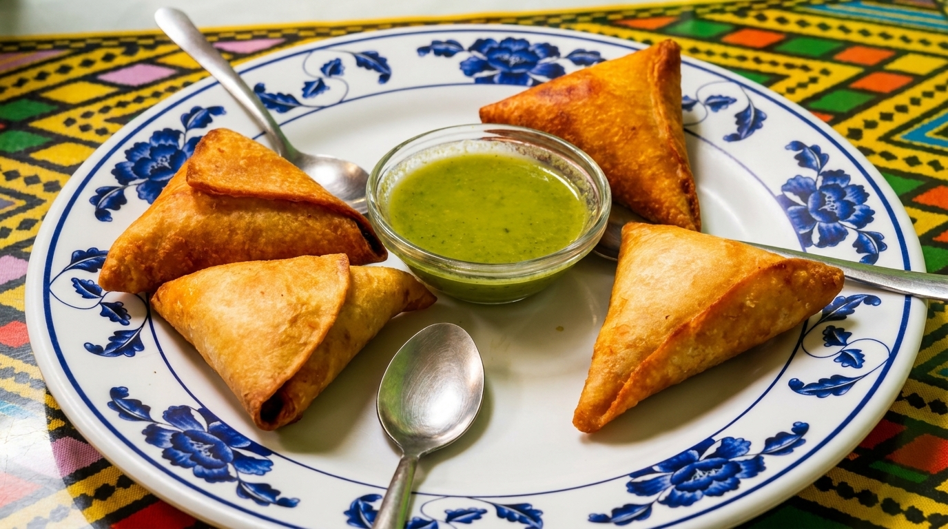 Four golden-brown samosas and a bowl of green chutney on a white plate with blue floral patterns.