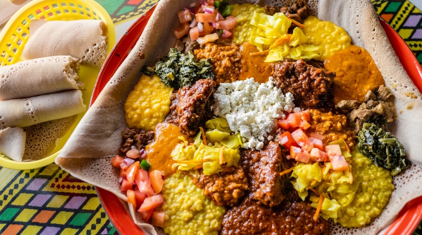 Colorful Ethiopian injera platter with various stews, vegetables, and rolled injera on the side.