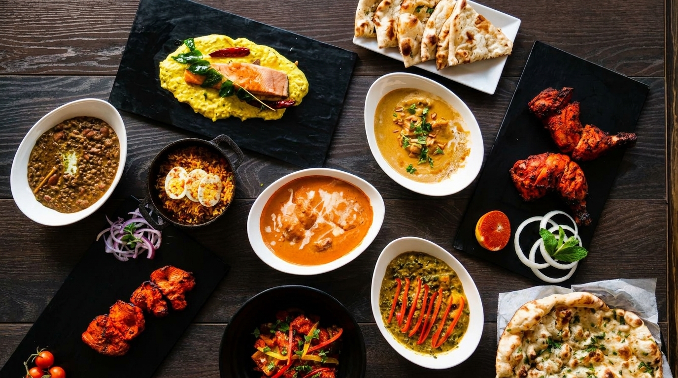 Overhead view of a variety of Indian dishes, including curries, naan, tandoori chicken, and rice.