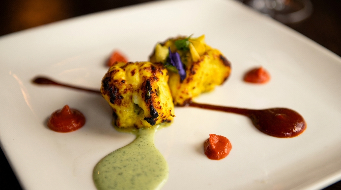 Two pieces of golden-brown paneer tikka on a white plate with green, red, and brown sauces.