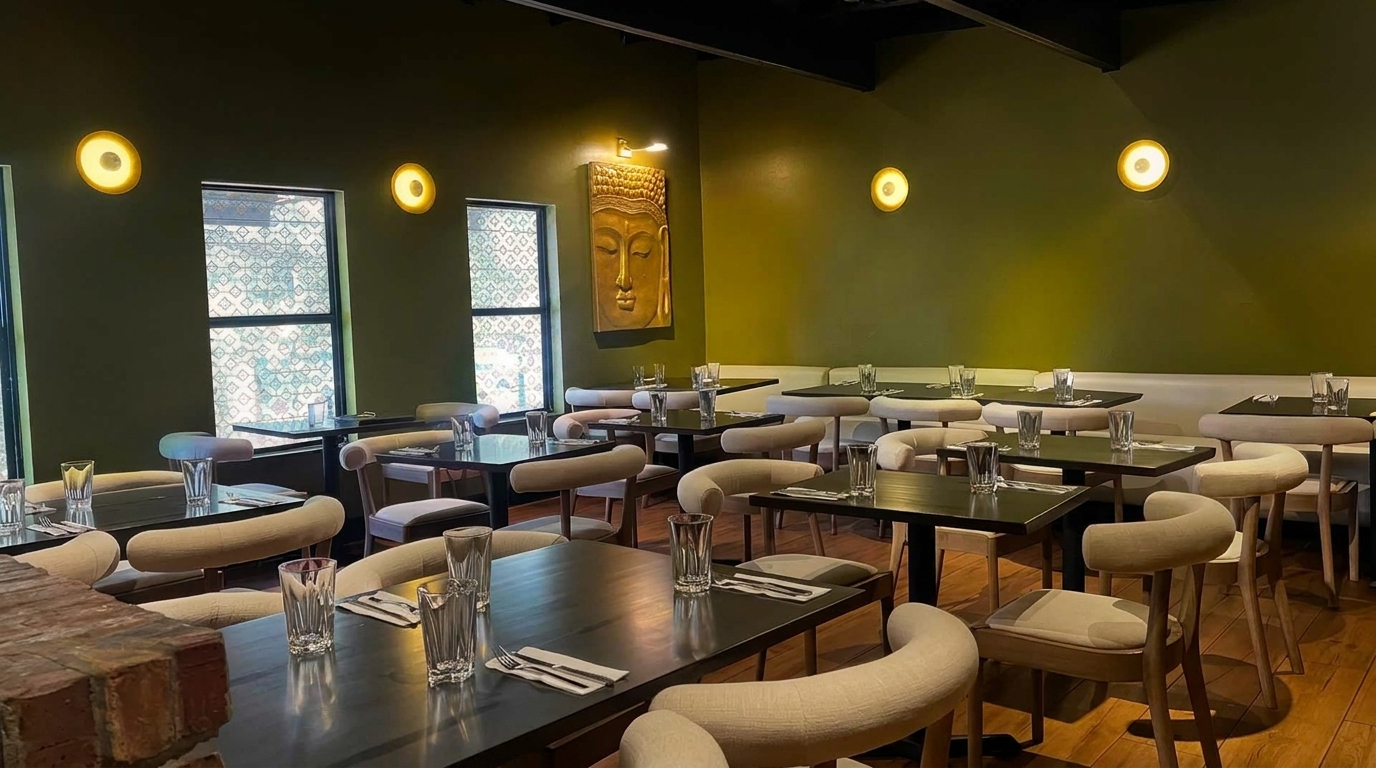 Restaurant dining room with green walls, dark tables, light chairs, and a large golden Buddha head.