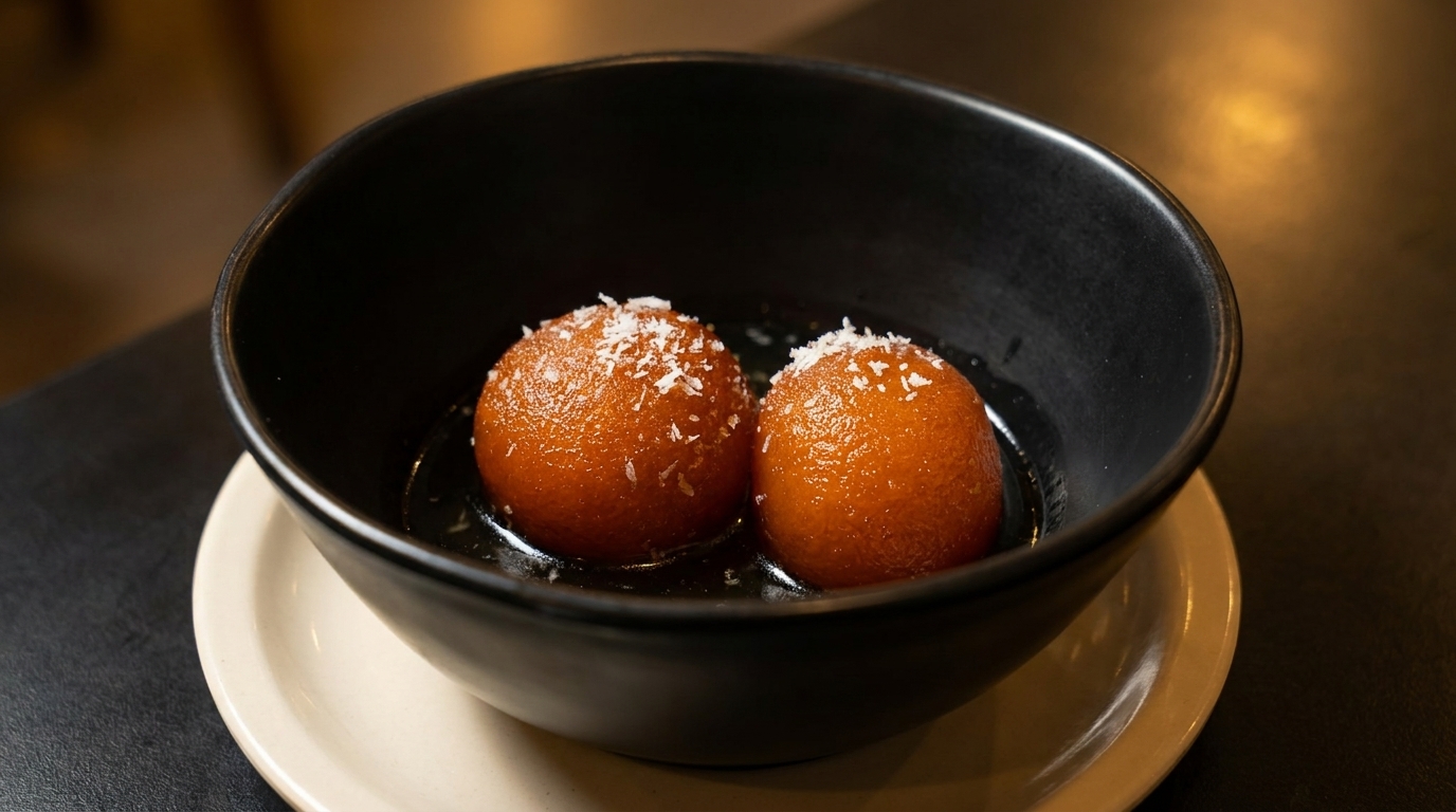 Two gulab jamun, topped with shredded coconut, in a black bowl on a light saucer.