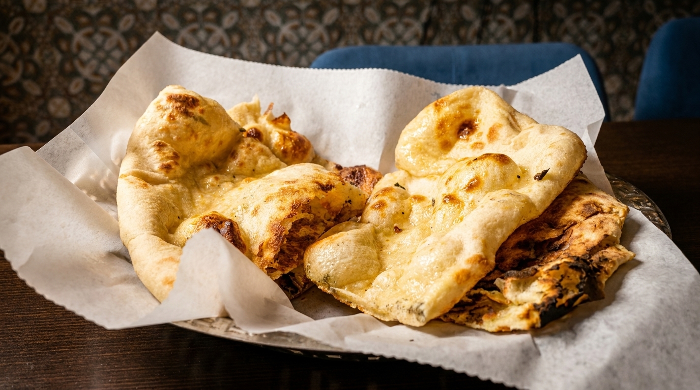 A basket of warm, golden-brown naan bread, some with charred spots, lined with white paper.