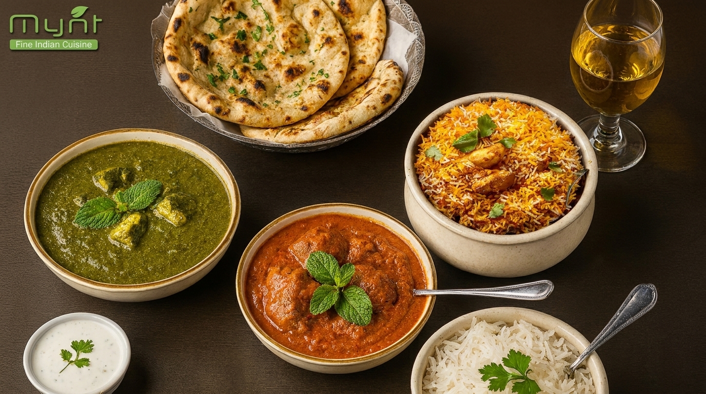 A spread of Indian dishes including naan, biryani, palak paneer, butter chicken, rice, and raita.