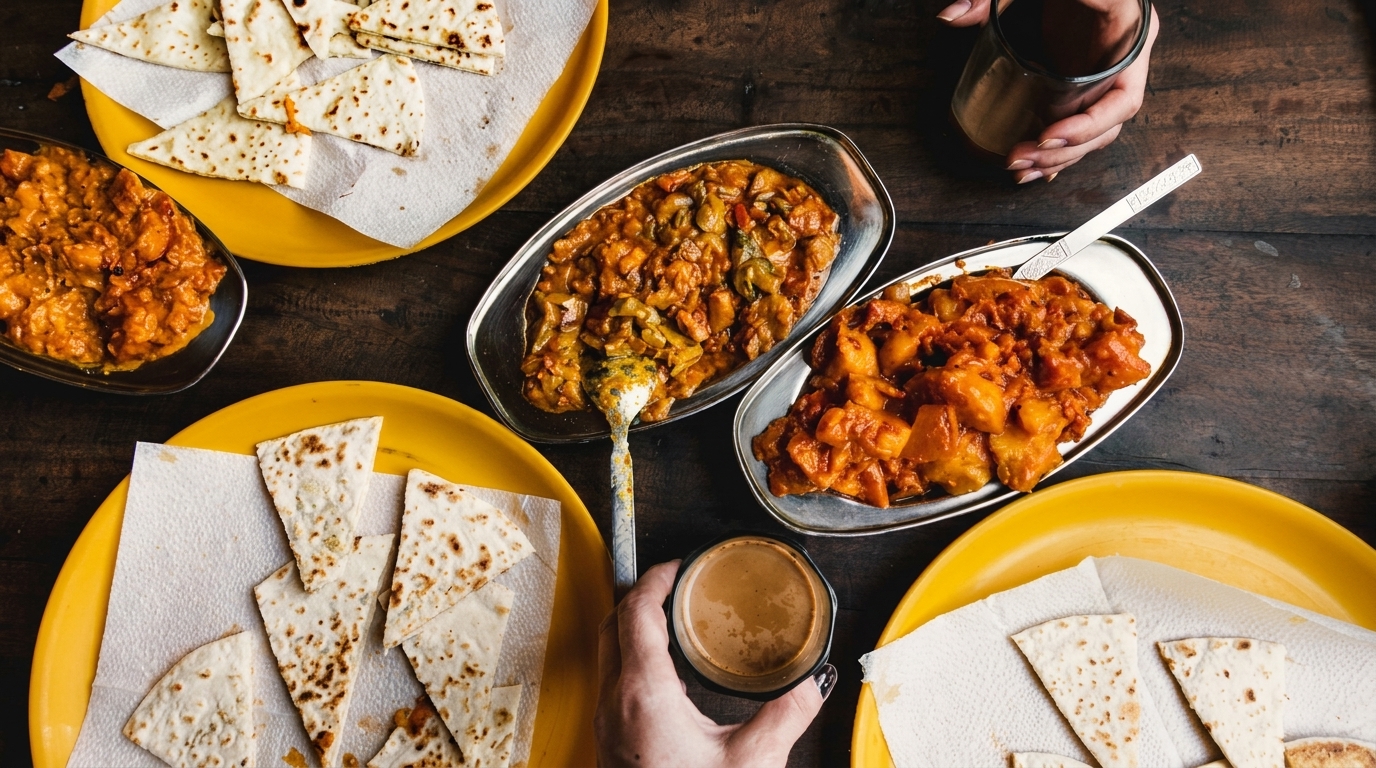 Overhead view of Indian food, including curries, flatbread, and chai, on a wooden table.