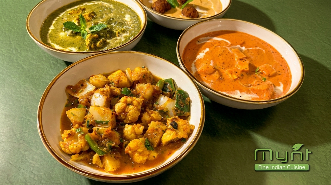 Four bowls of Indian cuisine, including green palak paneer, orange butter chicken, and vegetable curry.