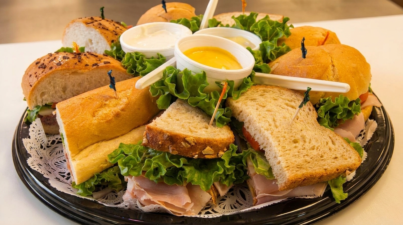 Assortment of sandwiches, including subs, on a platter with lettuce and dipping sauces.