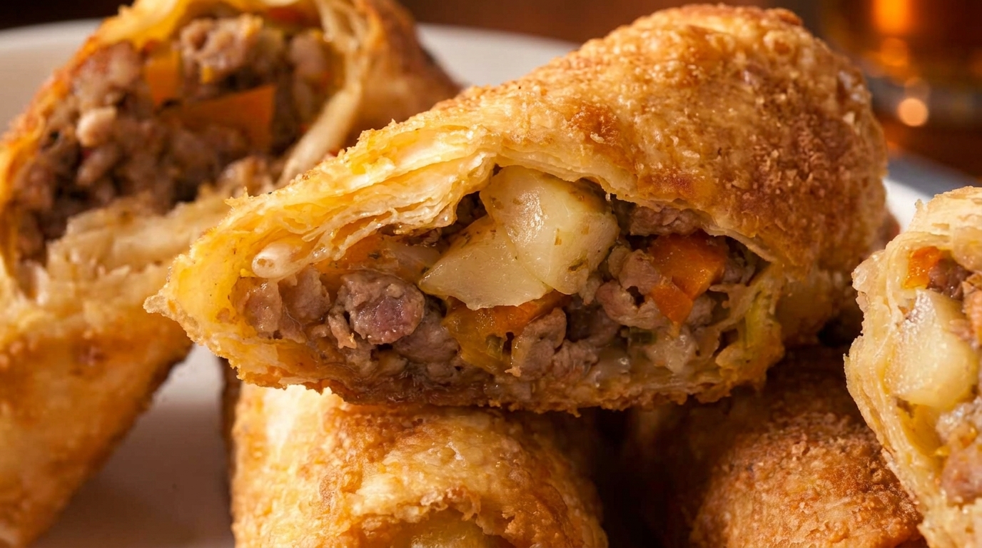 Close-up of a golden-brown, crispy egg roll, cut in half, revealing a savory meat and vegetable filling.