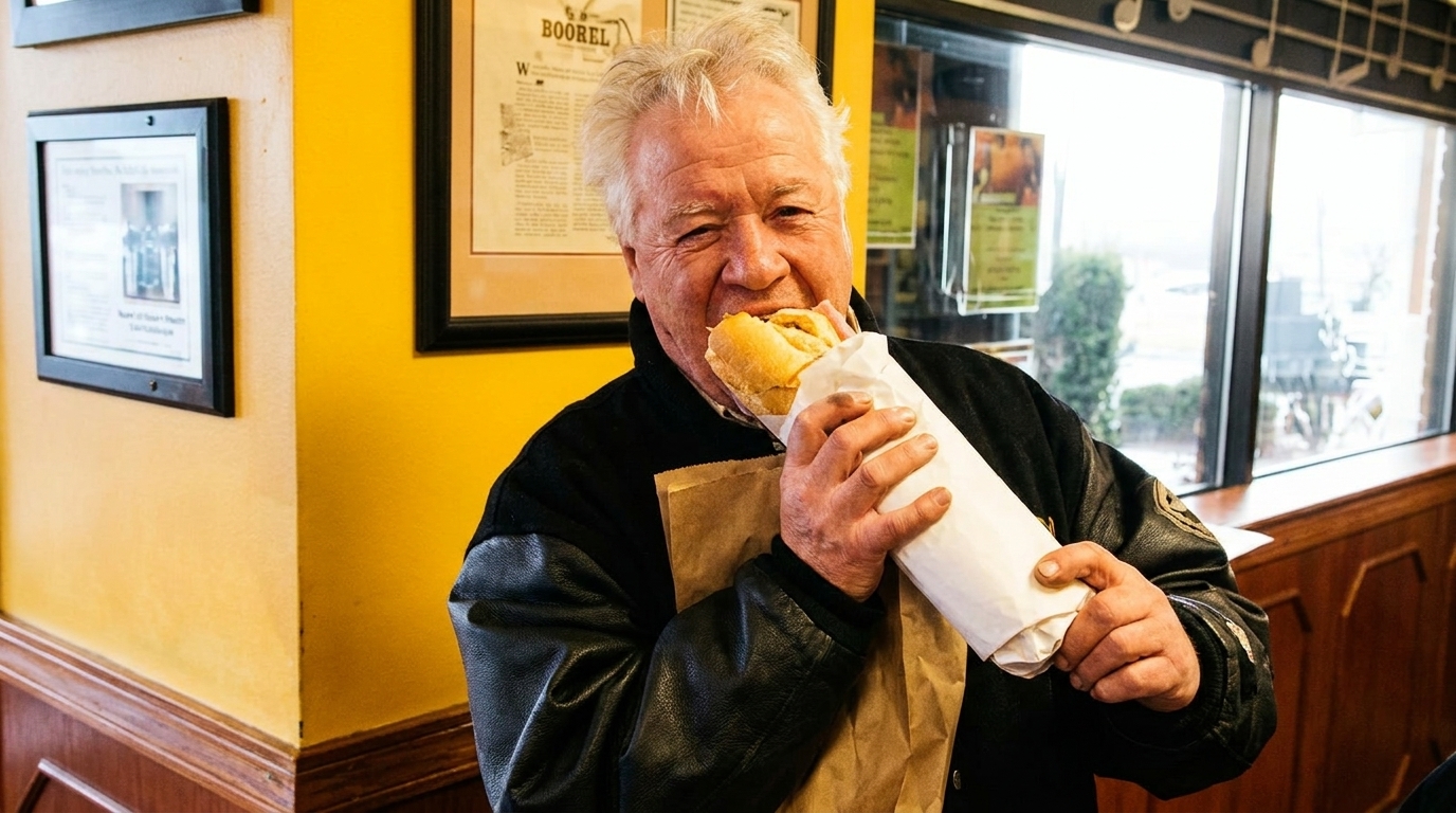 A man with white hair happily takes a large bite from a sandwich wrapped in white paper.