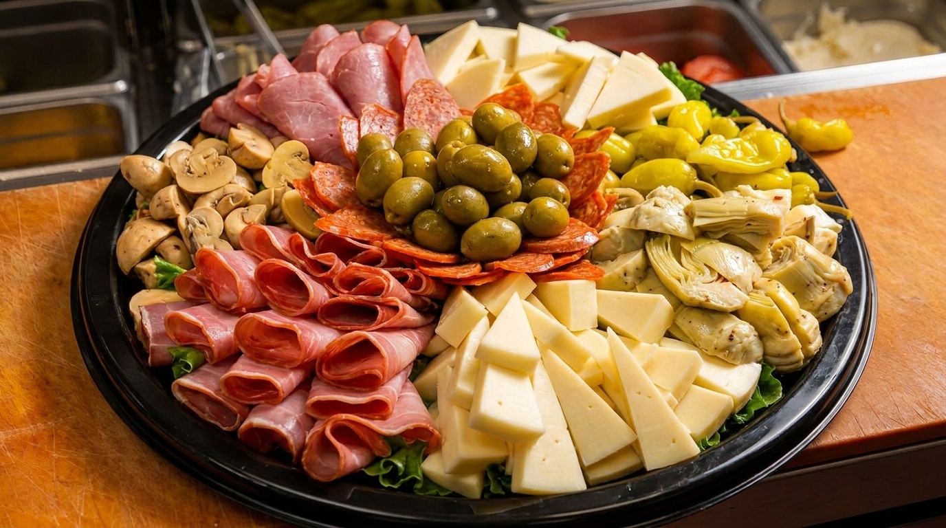 A large platter of antipasto with meats, cheeses, olives, mushrooms, artichokes, and peppers.