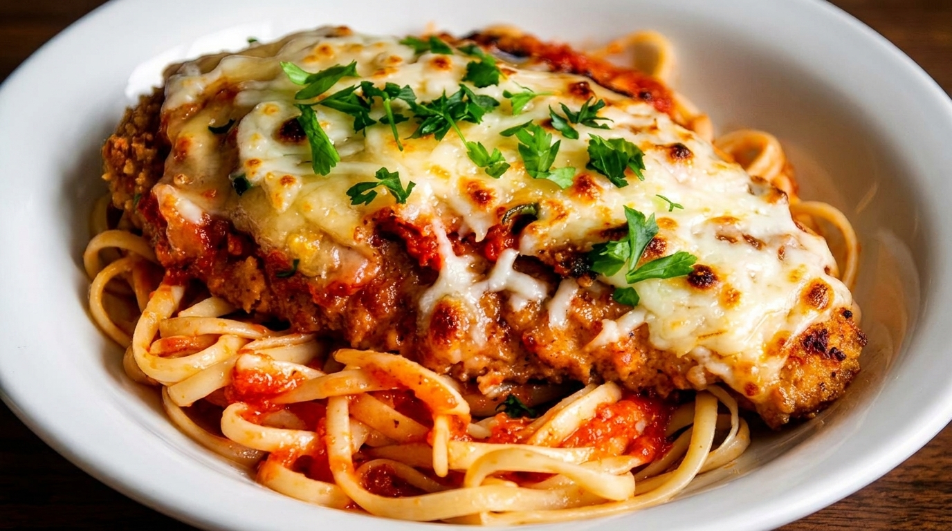Chicken parmesan with melted cheese and fresh parsley, served over linguine pasta with red sauce.