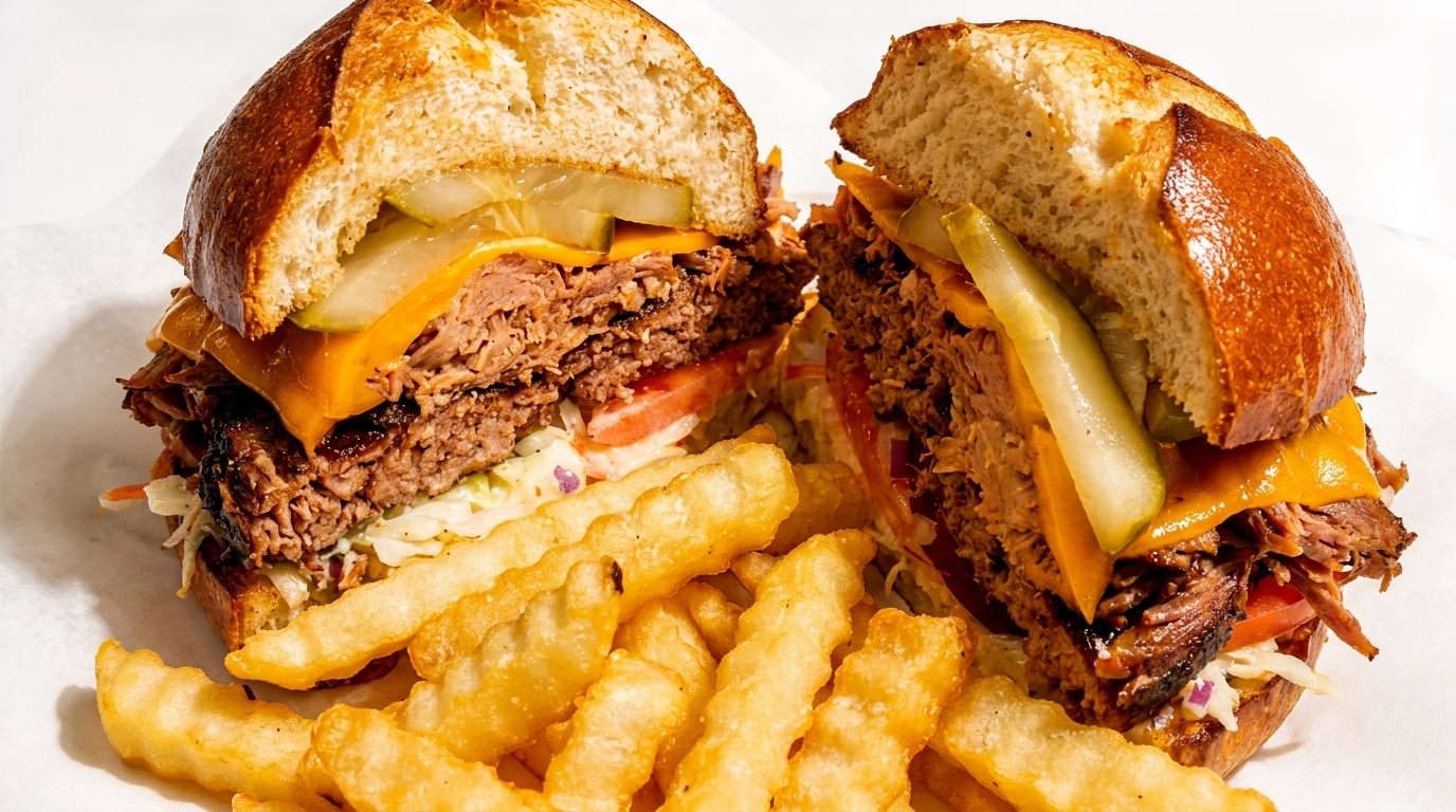 A large burger cut in half, with cheese, pickles, and pulled pork, served with crinkle-cut fries.