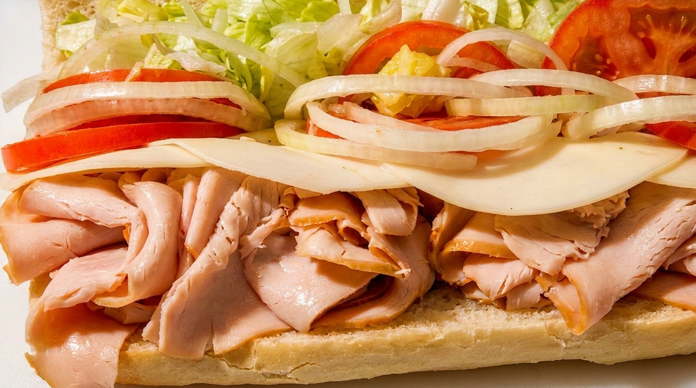 Close-up of a turkey sub sandwich with cheese, tomatoes, onions, and shredded lettuce.