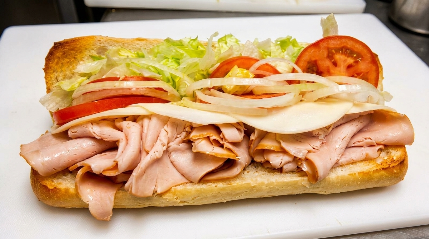 A large turkey sub sandwich with lettuce, tomatoes, onions, and cheese on a white cutting board.