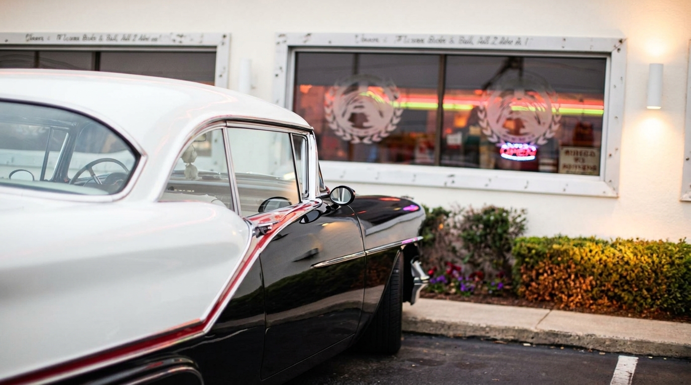 Classic black and white car parked outside a diner with neon signs visible through the window.