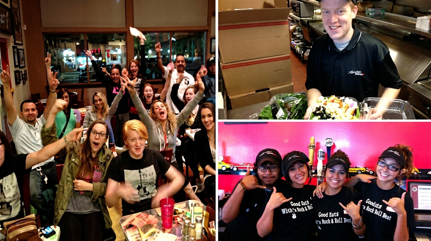 A collage shows customers cheering, a staff member preparing food, and three staff members posing.