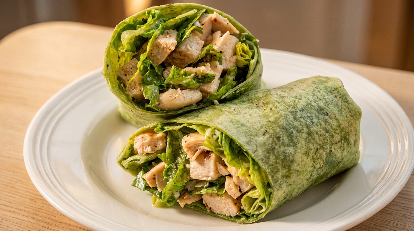 Two chicken Caesar salad wraps with green tortillas on a white plate.
