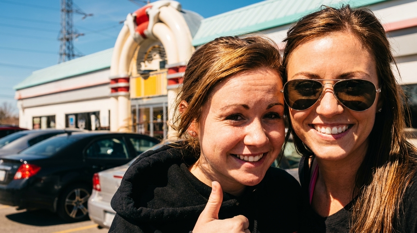 Two smiling women in front of a retro diner with a jukebox-style entrance.