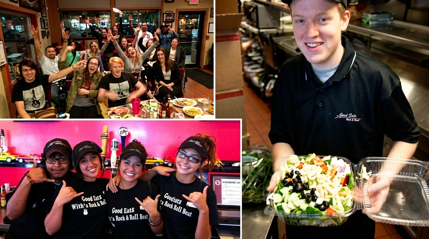 Collage of happy customers and staff at Good Eats, featuring salads and a vibrant atmosphere.