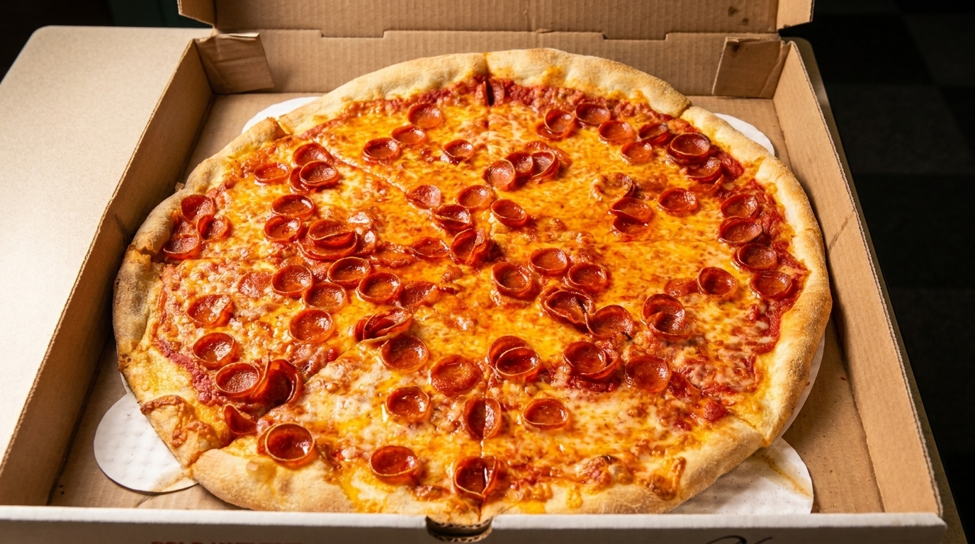 Large pepperoni pizza with melted cheese and tomato sauce in a cardboard delivery box.