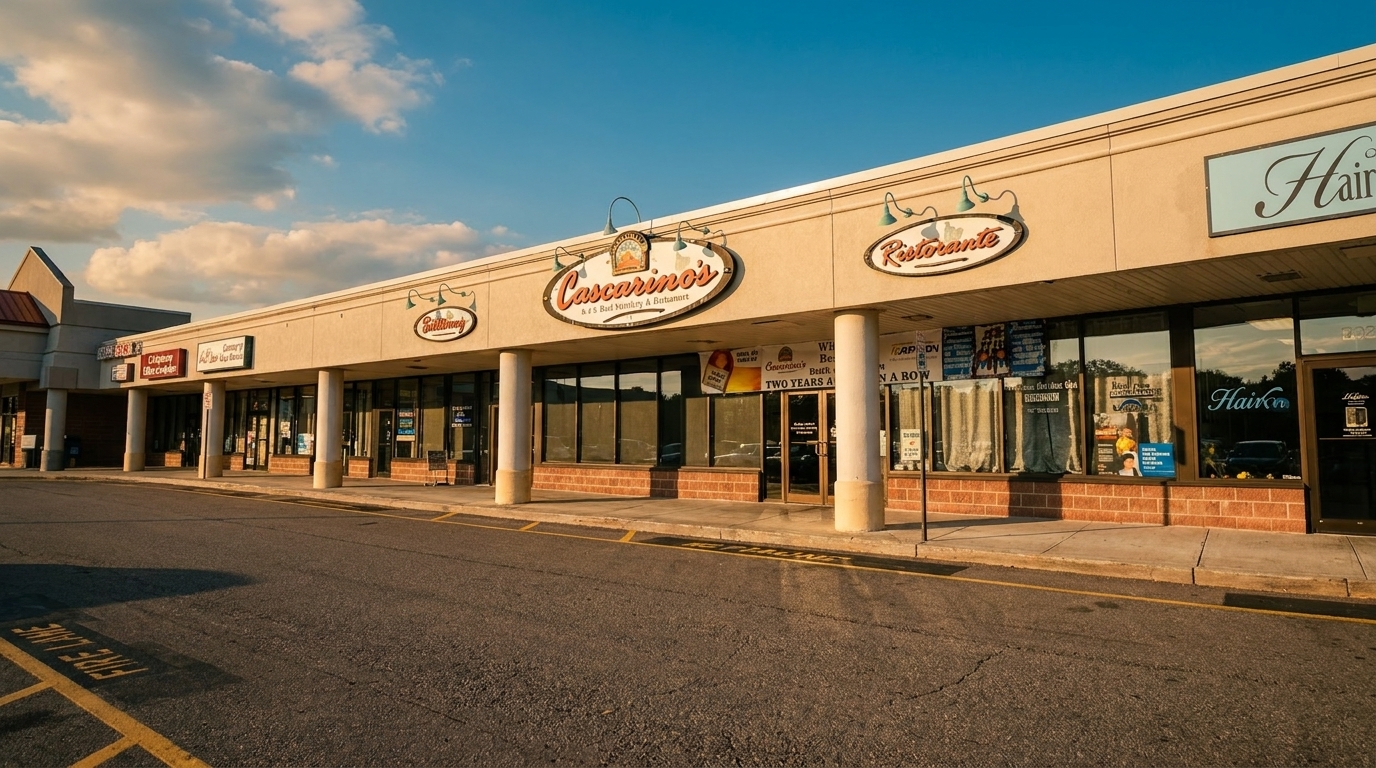 Exterior of Cascarino's Ristorante, a restaurant in a strip mall under a blue sky with clouds.