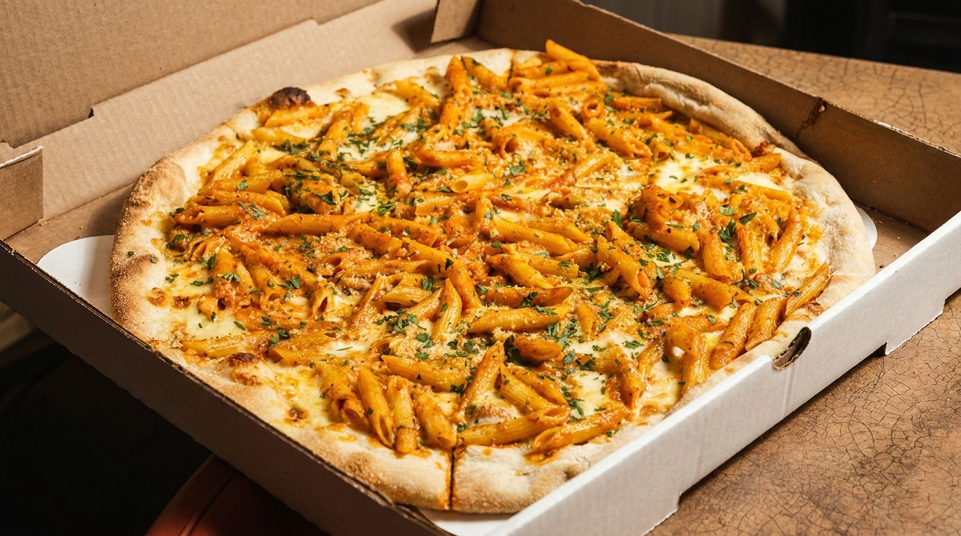 A large pizza topped with penne pasta, cheese, and herbs, in a cardboard delivery box.