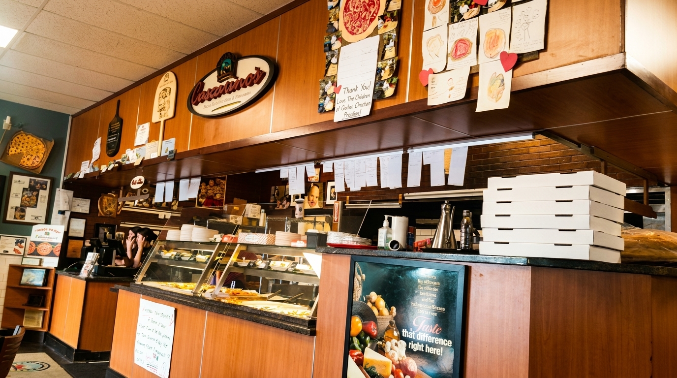 Interior of a pizza shop with a display case of food, pizza boxes, and a "Cascianno's" sign.