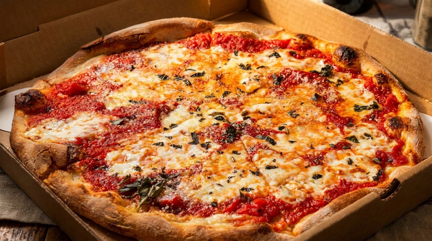 Freshly baked Margherita pizza with melted mozzarella, tomato sauce, and basil in a cardboard box.