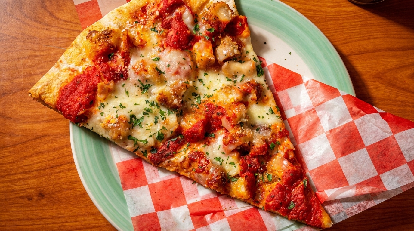 A slice of pizza with chicken, red sauce, melted cheese, and parsley on a plate.